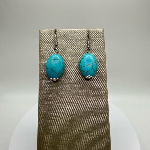 Turquoise Oval Stone Dangle Earrings – Boho Southwestern Style - Picture 2 of 3
